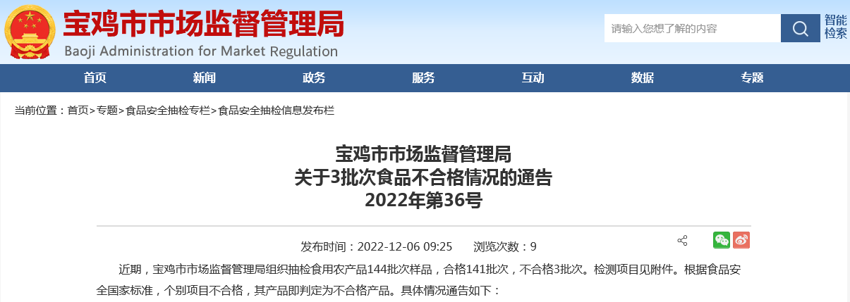 陕西省宝鸡市市场监管局抽检食用农产品144批次 不合格3批次